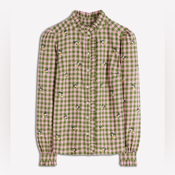 Boden Helena Brushed Cotton Ruffled Gingham and Floral Embroidered Blouse -US 8 - Picture 3 of 11